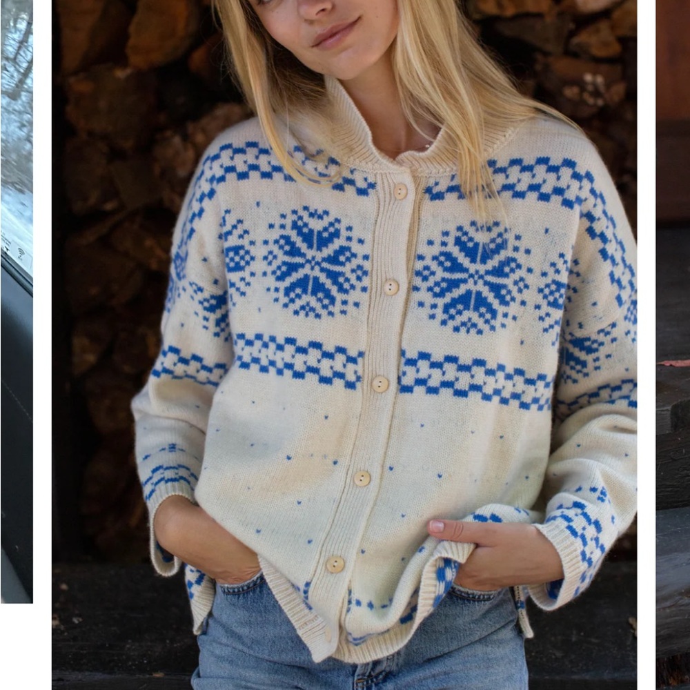 Blue and Cream Patterned Women's Sweater
